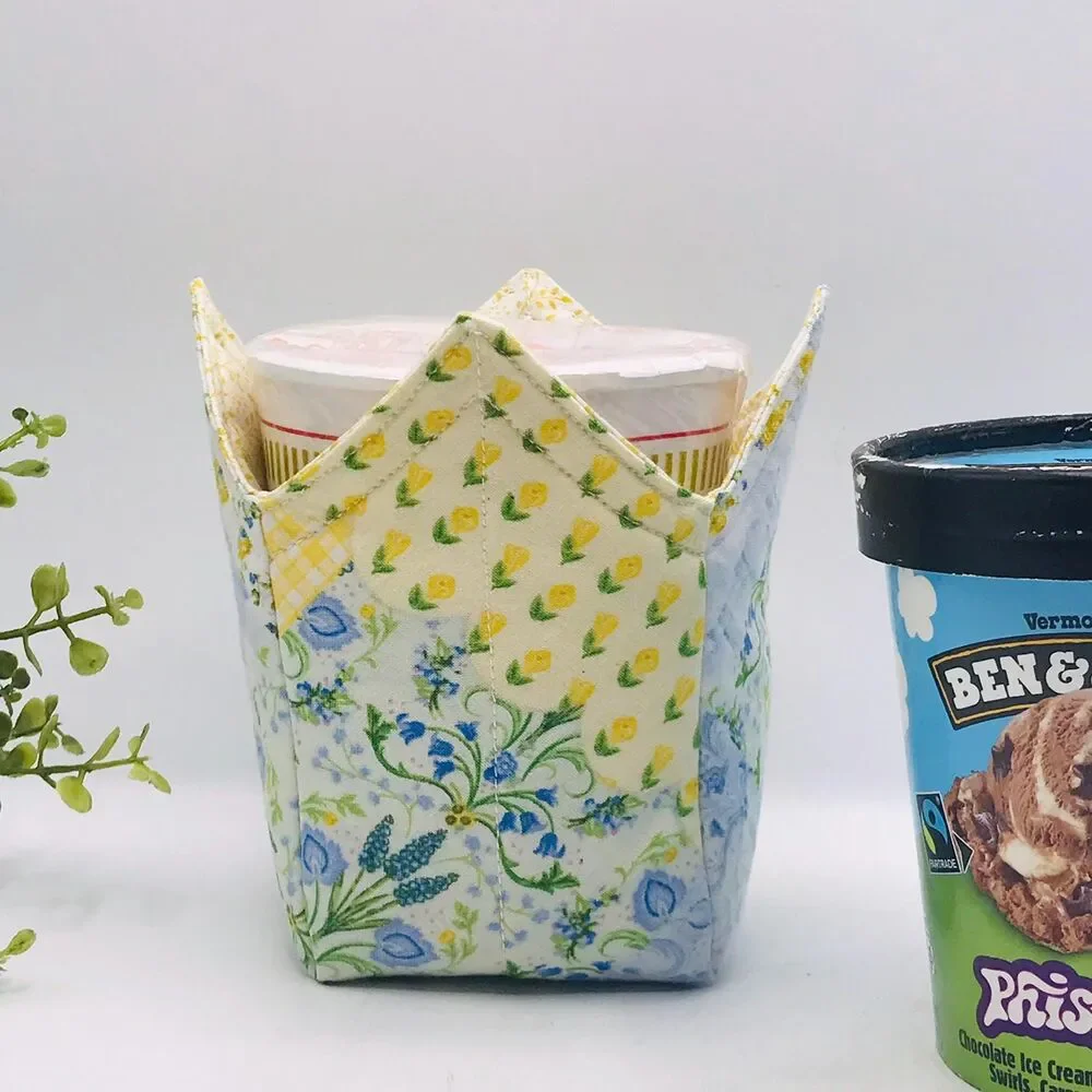 Microwave Pint Size Cozy, Reversible, Patchwork Yellow Blue Floral Ice Cream
